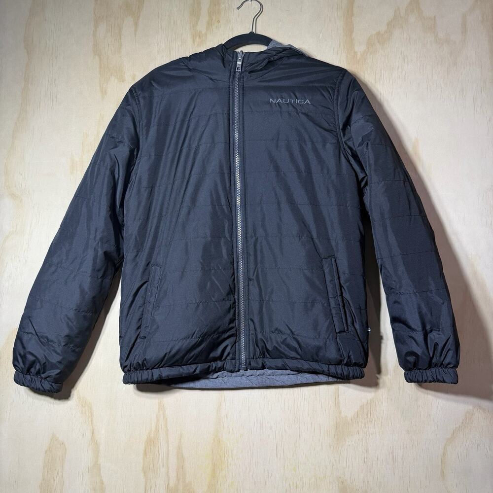 Nautica Reversible Puffer Jacket Kids L 14/16 Black Gray Hooded Winter Coat